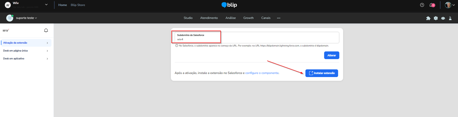 Botão Instalar extensão em destaque na página da extensão no Blip