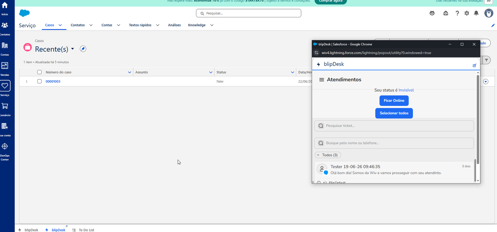Componente blipDesk arrastado para a posição desejada na página do Salesforce