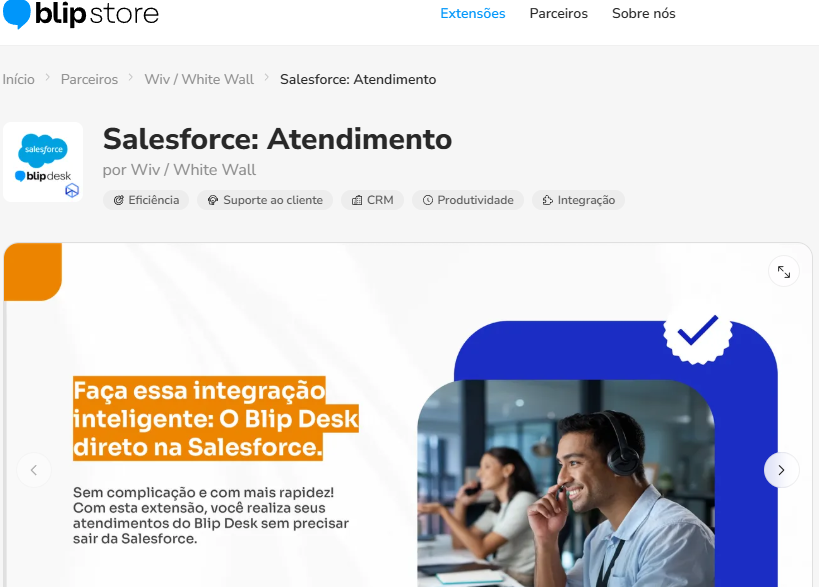 Página da extensão Salesforce: Atendimento na Blip Store com o botão Iniciar teste grátis