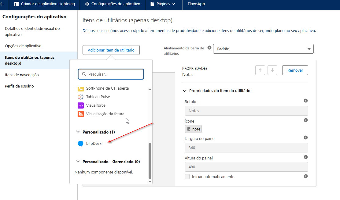 Configuração do componente blipDesk com nome, ícone e tamanho da janela no Criador de aplicativos Lightning