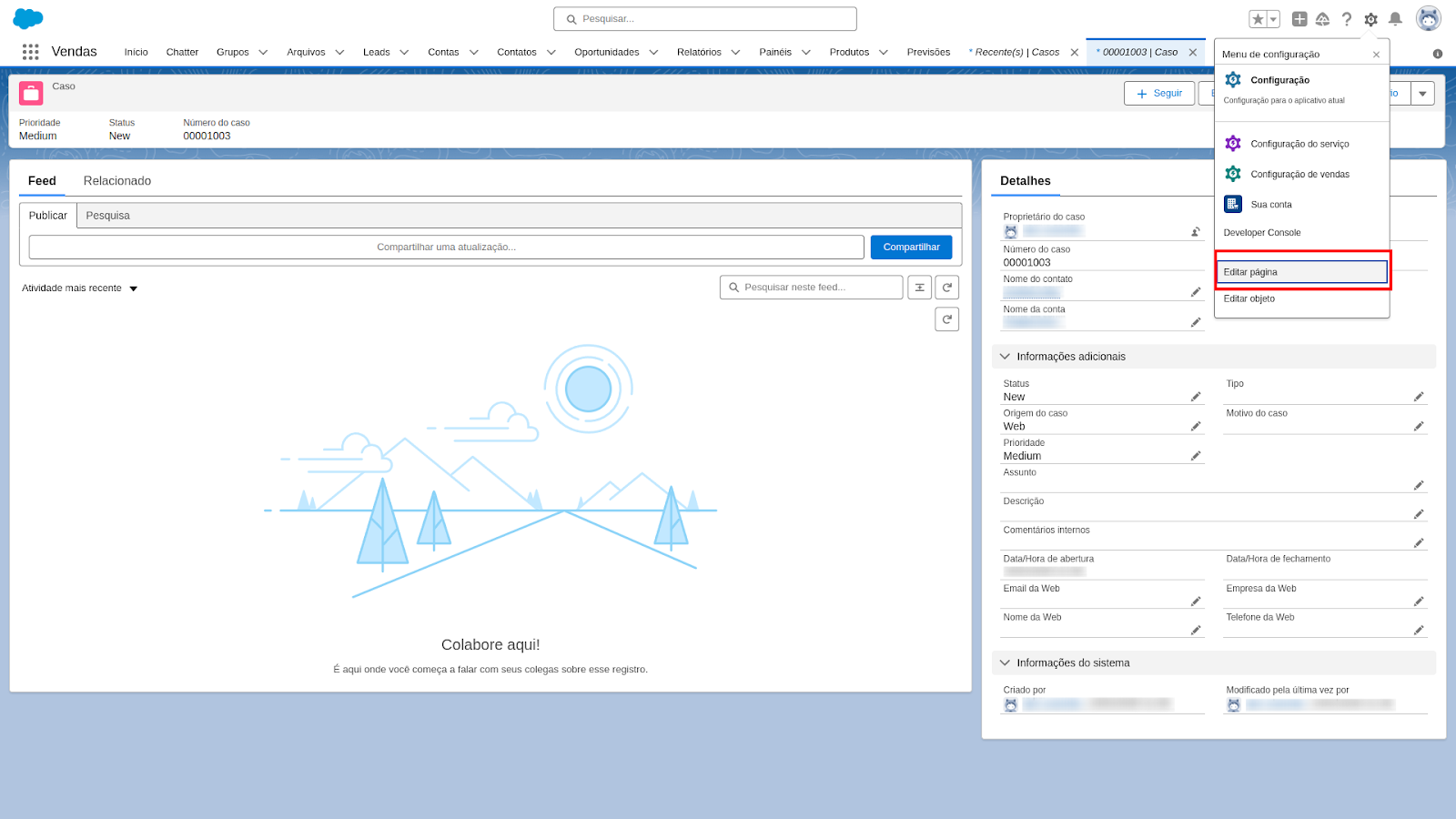 Menu de configurações de um registro do Salesforce com a opção Editar página