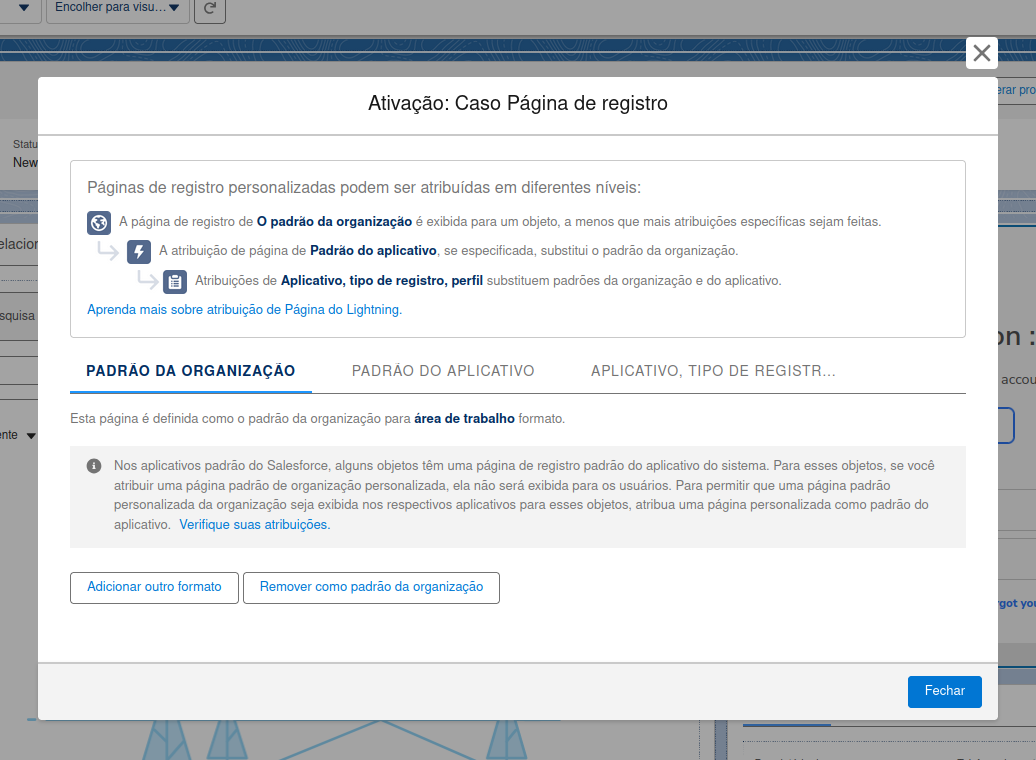 Botão Salvar e opção de definir a página como padrão da organização no Salesforce