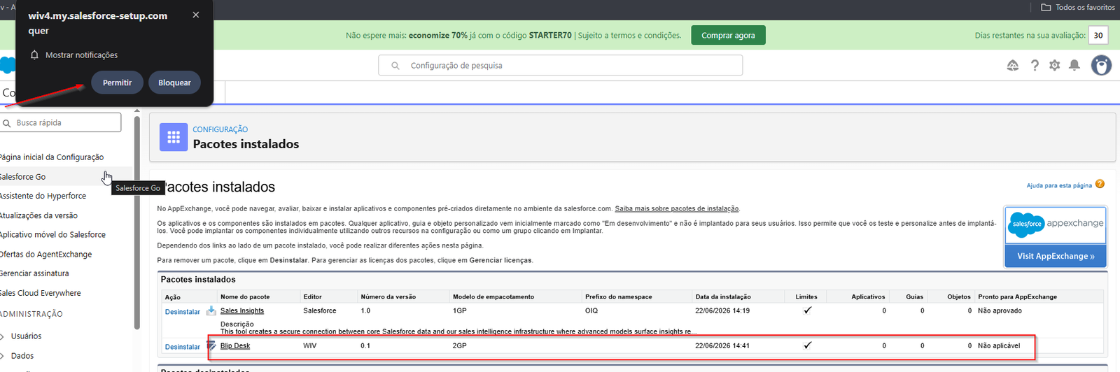 Tela Pacotes instalados no Salesforce com o pacote Blip Desk instalado