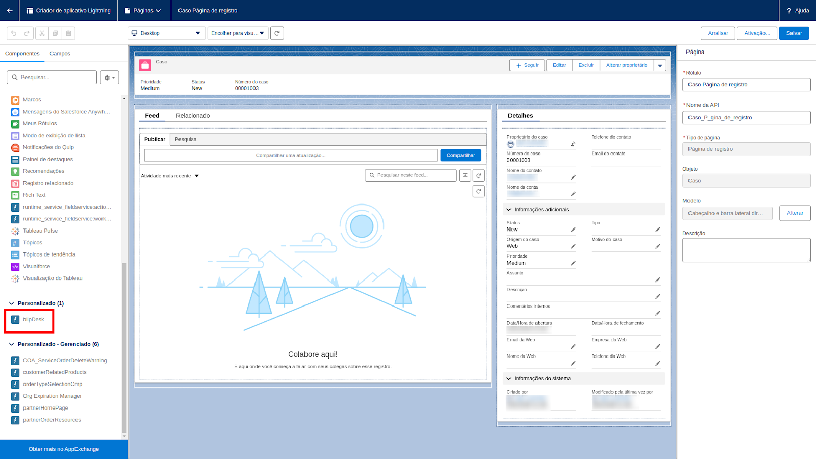 Criador de aplicativos Lightning com o componente blipDesk no menu à esquerda
