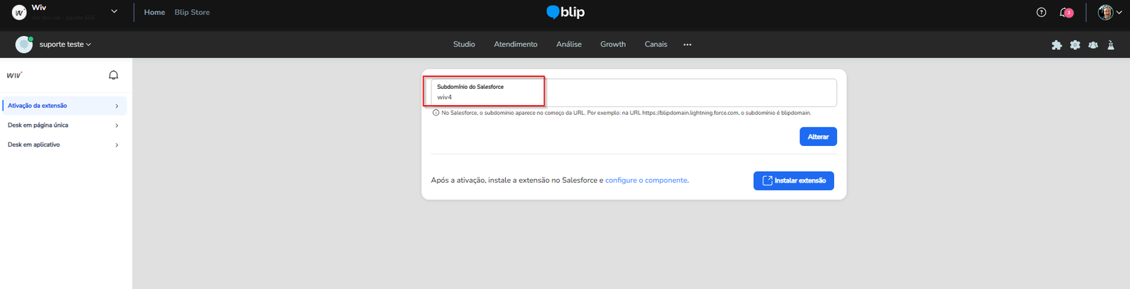 Mensagem de ativação da extensão e botão Instalar extensão liberado no Blip