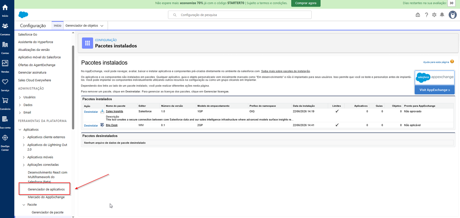 Tela de Configuração do Salesforce com a busca por Gerenciador de aplicativos