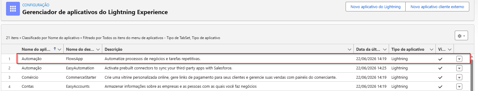Gerenciador de aplicativos do Salesforce com um aplicativo do tipo Lightning selecionado