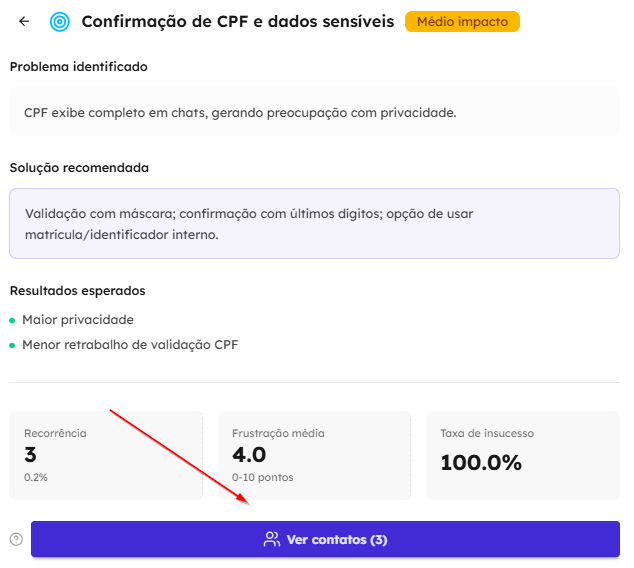Detalhe de um insight com o problema, a solução recomendada e o resultado esperado