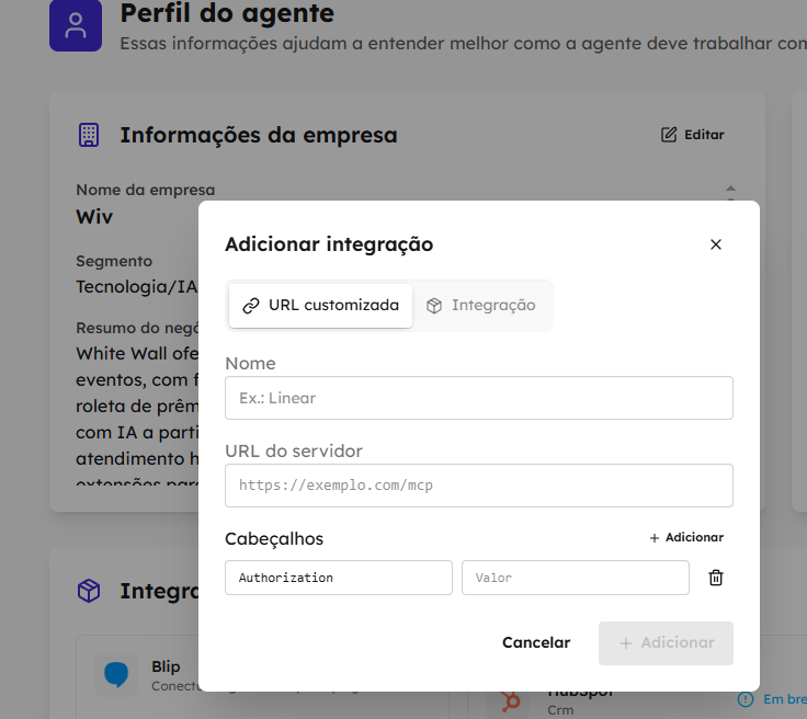 Formulário para adicionar uma integração MCP com nome, URL do servidor e cabeçalhos