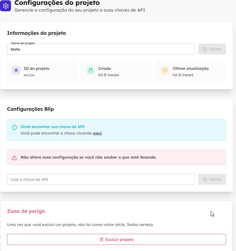 Informações do projeto com o nome, o ID e as datas
