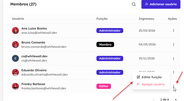 Opções para editar as permissões ou remover um usuário