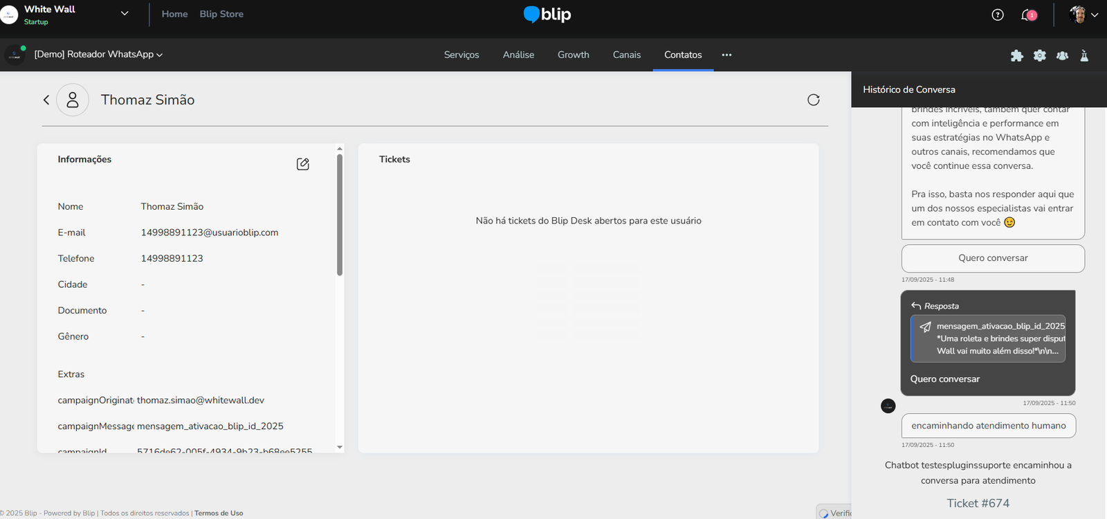 Conversa aberta na Blip, no contato e no histórico da conversa