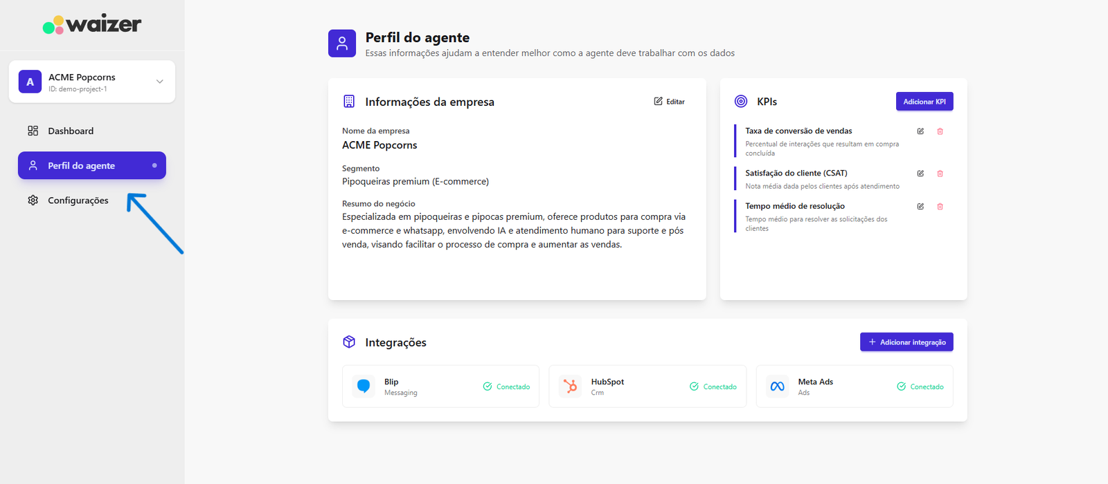 Tela de perfil do agente para definir o comportamento da IA