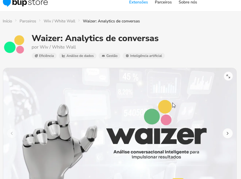 Página da extensão Waizer na Blip Store