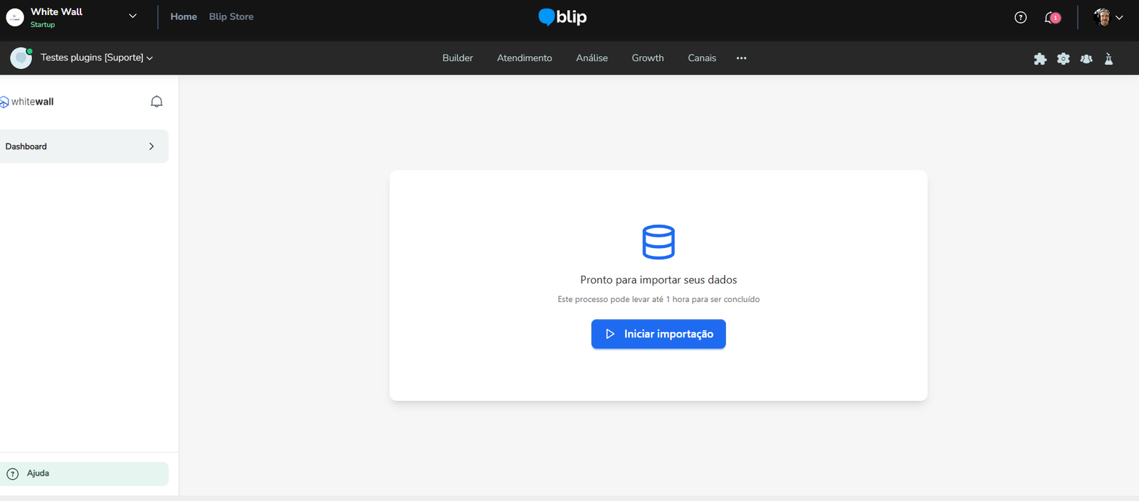 Tela de importação de dados do Waizer após conectar a conta Blip do bot