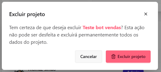 Zona de perigo com a opção de excluir o projeto