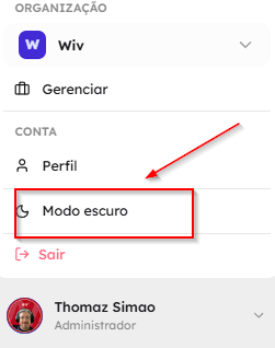 Menu da conta com a opção de alternar entre modo claro e escuro