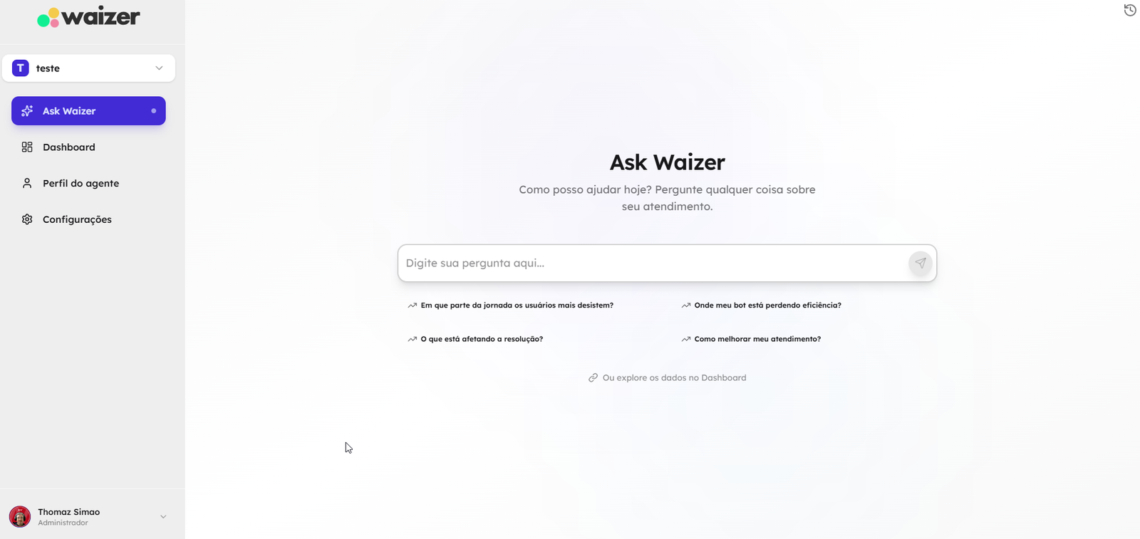 Tela da Ask Waizer para investigar a operação por perguntas em linguagem natural