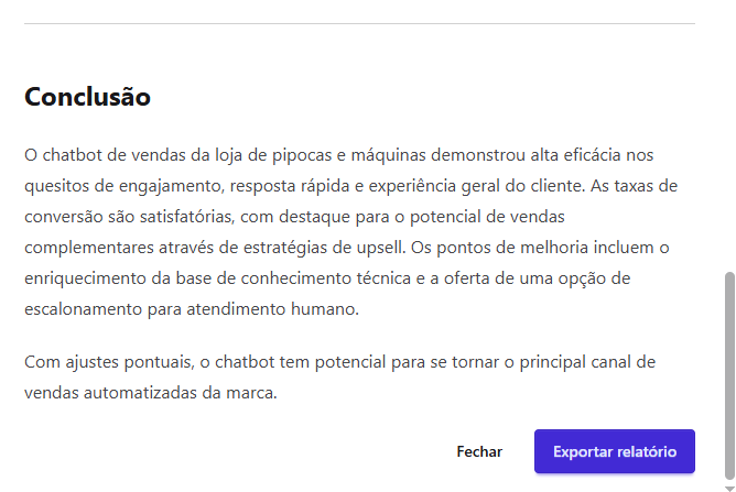 Relatório de performance exportado pelo Waizer