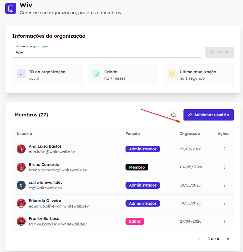 Botão Adicionar usuário na gestão de membros da equipe