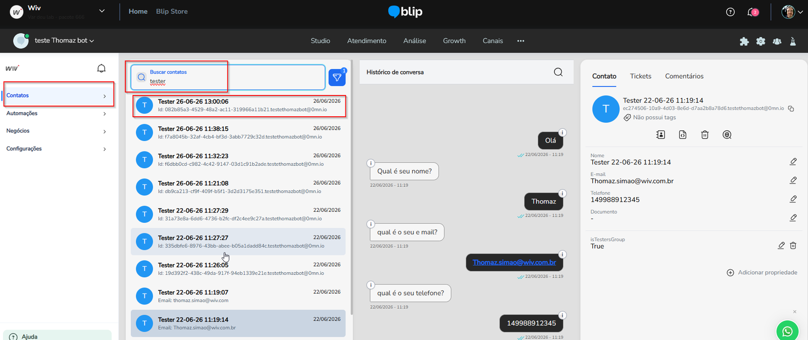 Contato localizado pela busca do Gerenciador de contatos, com os dados exibidos no painel lateral