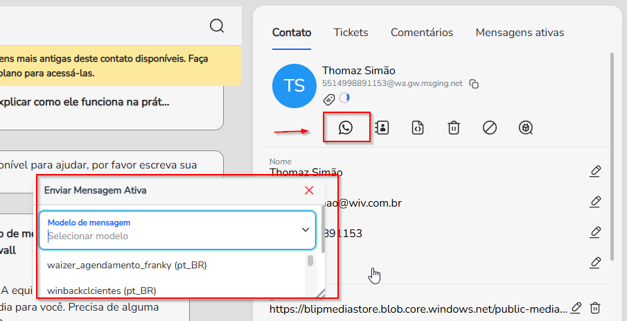 Janela Enviar Mensagem Ativa com o modelo selecionado, a prévia do texto e os campos de variáveis