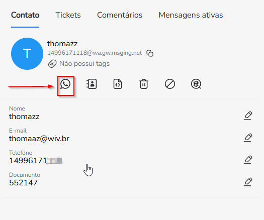 Aba Contato do contato com o ícone do WhatsApp Enviar mensagem ativa em destaque