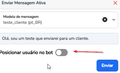 Opção Posicionar usuário no bot ativada, com os campos Bot e Fluxo selecionados