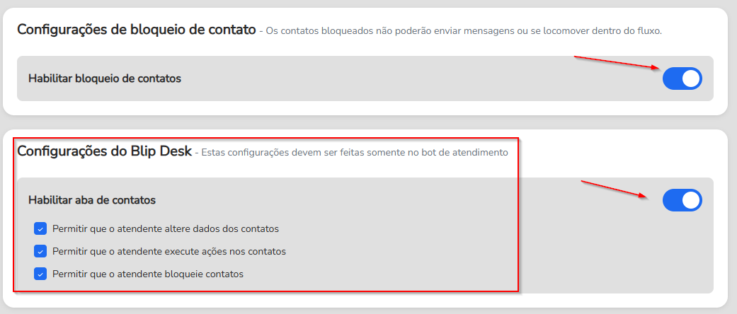 Seção Configurações do Blip Desk com as opções de ações e de bloqueio de contatos marcadas