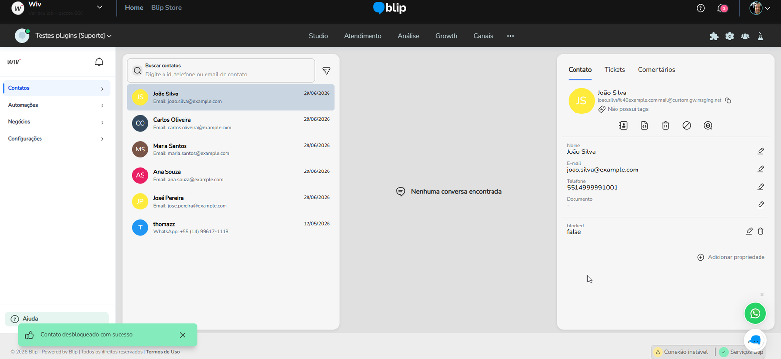 Mensagem Contato desbloqueado com sucesso exibida na tela