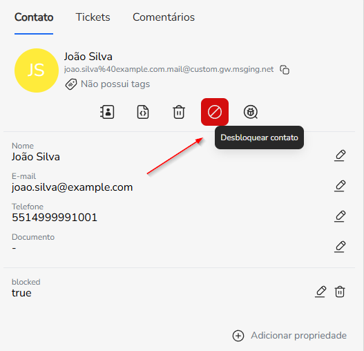Ícone Desbloquear contato destacado na linha de ações do contato