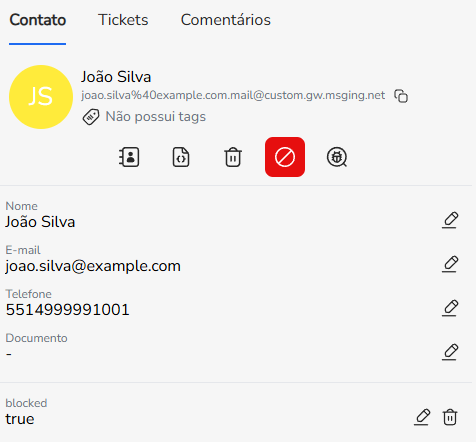 Ícone de bloqueio destacado, indicando contato bloqueado no Blip Desk