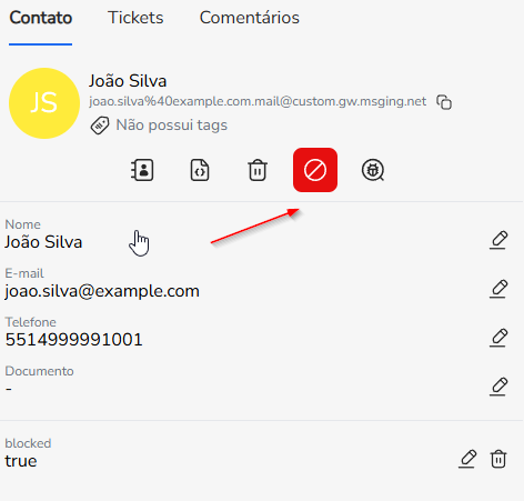 Ícone de bloqueio destacado para desbloquear o contato no Blip Desk