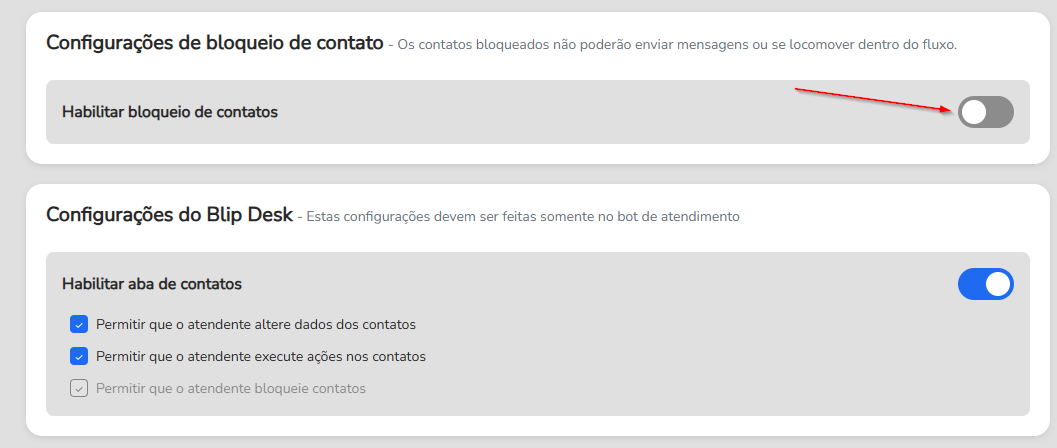 Chave Habilitar bloqueio de contatos ligada na seção Configurações de bloqueio de contato