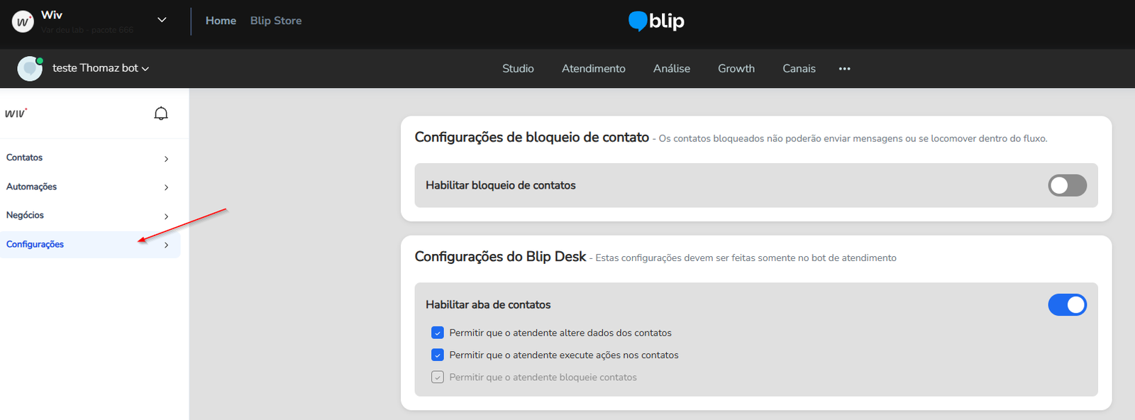 Aba Configurações da extensão Gerenciador de Contatos
