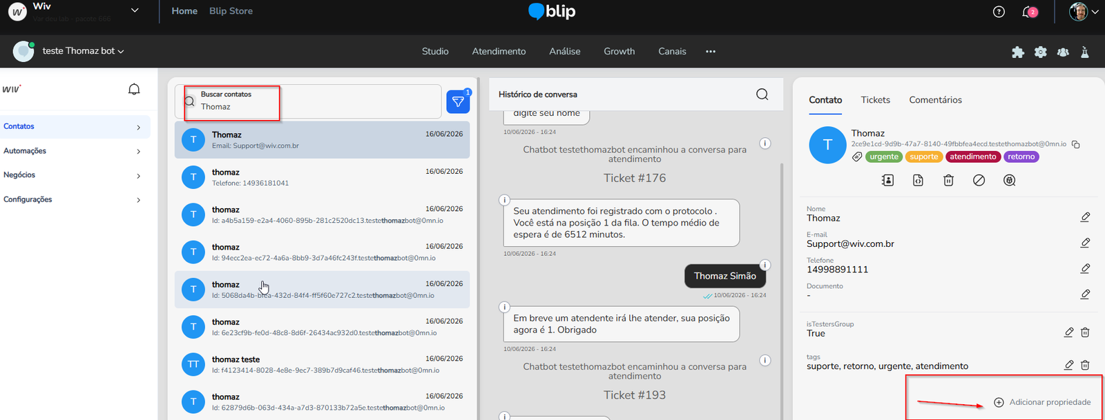 Campo Buscar contatos com o resultado da pesquisa por telefone ou e-mail