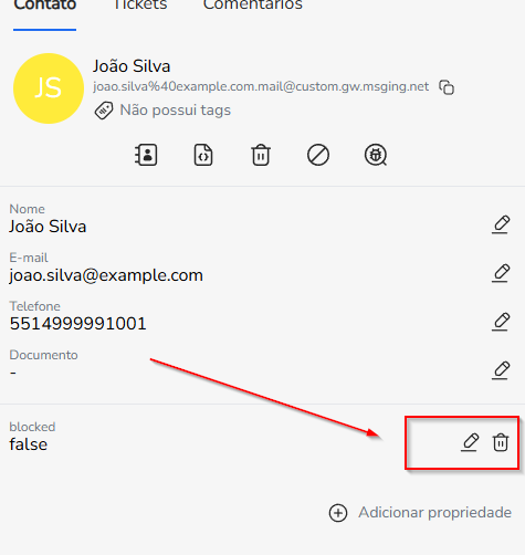 Propriedade no painel do Blip Desk com os ícones de lápis e de lixeira para editar ou excluir