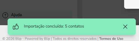 Mensagem de importação concluída com o total de contatos importados