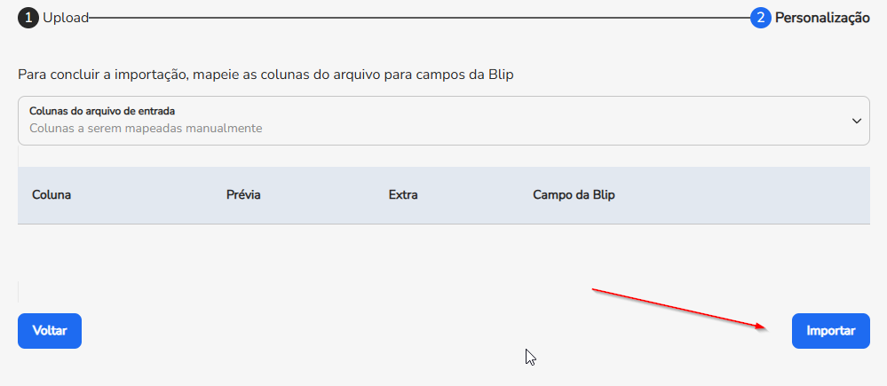 Importação em andamento com a barra de progresso dos contatos processados