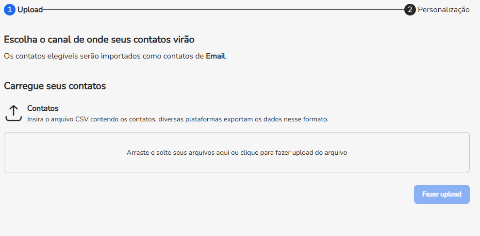 Janela de importação aberta na etapa Upload