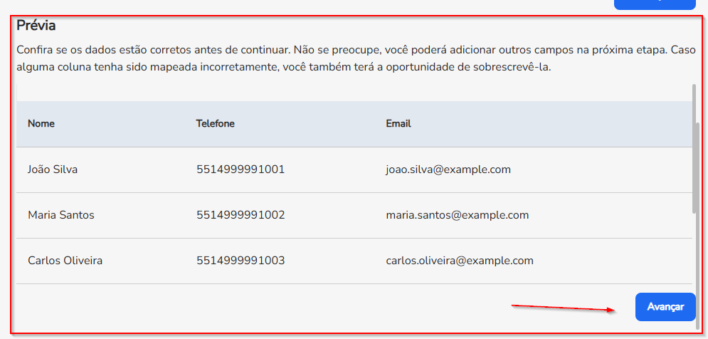 Etapa Personalização com o mapeamento das colunas do arquivo para os campos da Blip