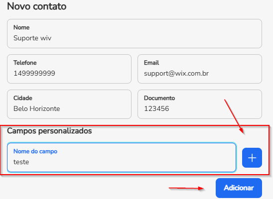 Campo personalizado sendo adicionado na janela Novo contato, com o campo Nome do campo e o botão de mais