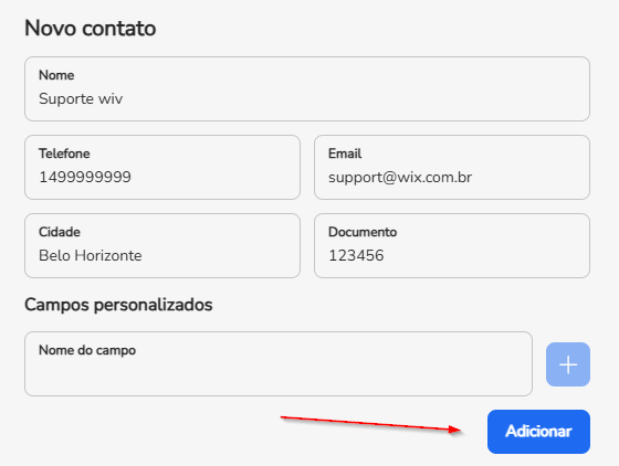 Janela Novo contato com os campos Nome, Telefone, Email, Cidade e Documento para preenchimento