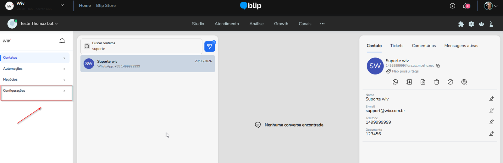 Painel do Gerenciador de Contatos com o menu Configurações aberto