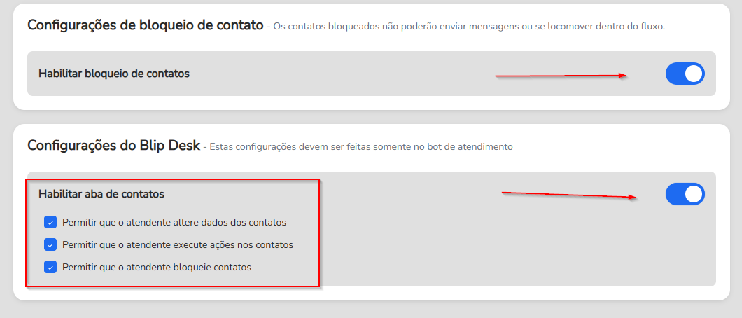 Seção Configurações do Blip Desk com a opção Habilitar aba de contatos ativada e as permissões do atendente