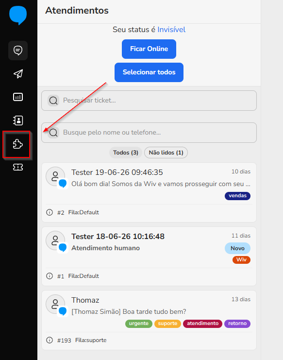 Tela de atendimento do Blip Desk com o ícone da extensão Contatos na barra de ferramentas