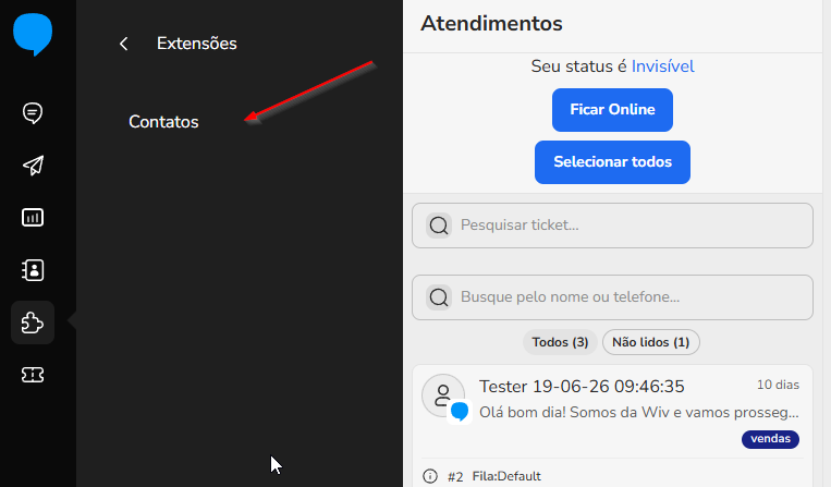 Ícone da extensão Contatos em destaque durante um atendimento no Blip Desk