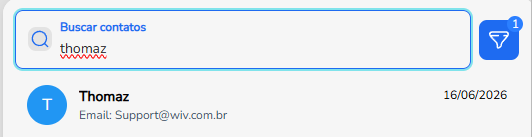 Busca por Thomaz no campo Buscar contatos, com contatos e trechos de conversa correspondentes