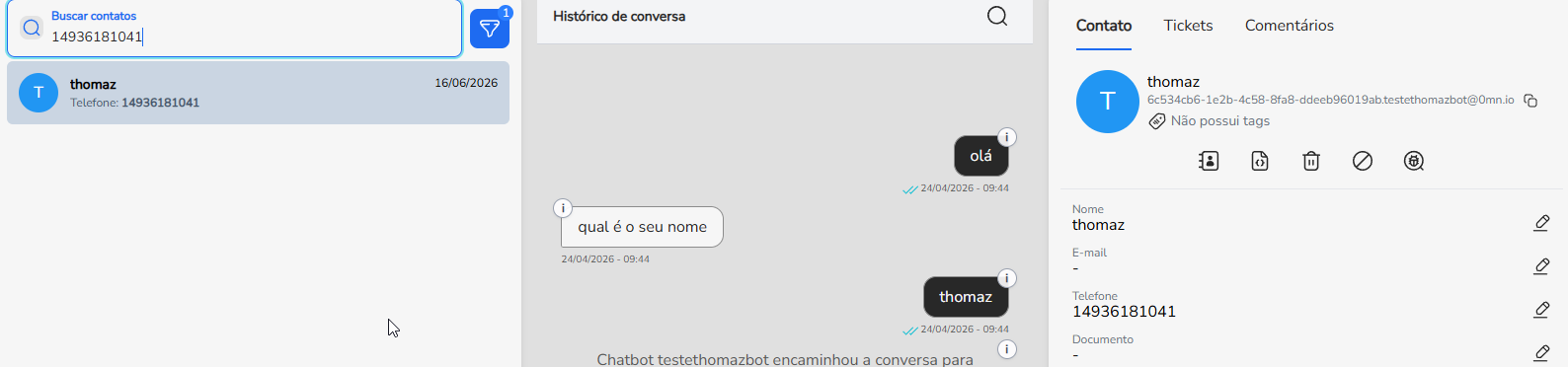 Busca de contato por número de telefone no campo Buscar contatos do Blip Desk