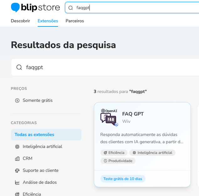Resultado da busca por FAQGPT na Blip Store